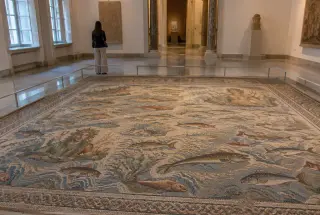 Visiteur admirant une grande mosaïque romaine aux motifs marins dans une salle du musée national du Bardo.